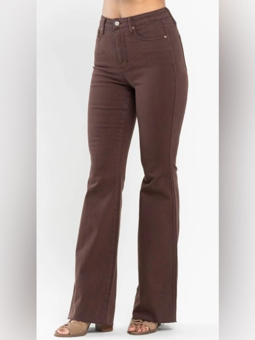 Judy Blue | High-Waist Raw-Hem Flare Jeans | Espresso Brown | 9/29